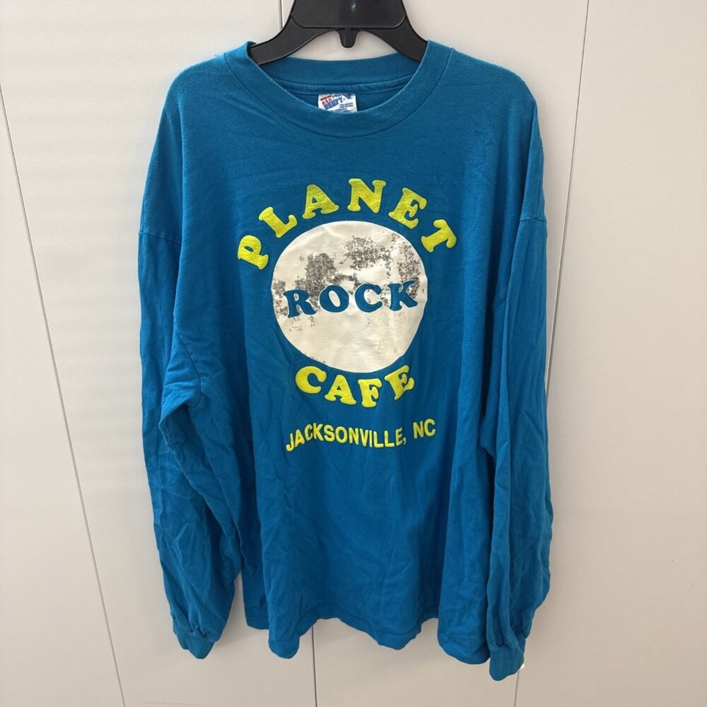 Vtg 90s Hanes Beefy T Shirt Long Sleeve Planet Rock Cafe Neon Blue XL